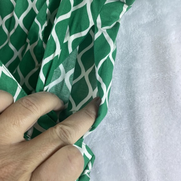 Boden Green Geo Faux Wrap Dress Sz 14 Green Short Sleeve Tradwife Preppy - Picture 5 of 14